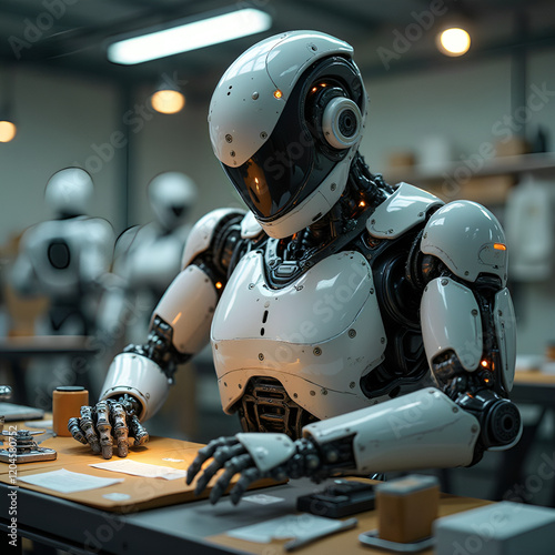 A robot sitting on a desk and looking at a screen