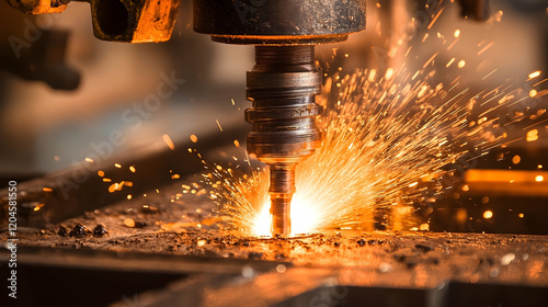 Factory sparks Metal cutting, industrial process.