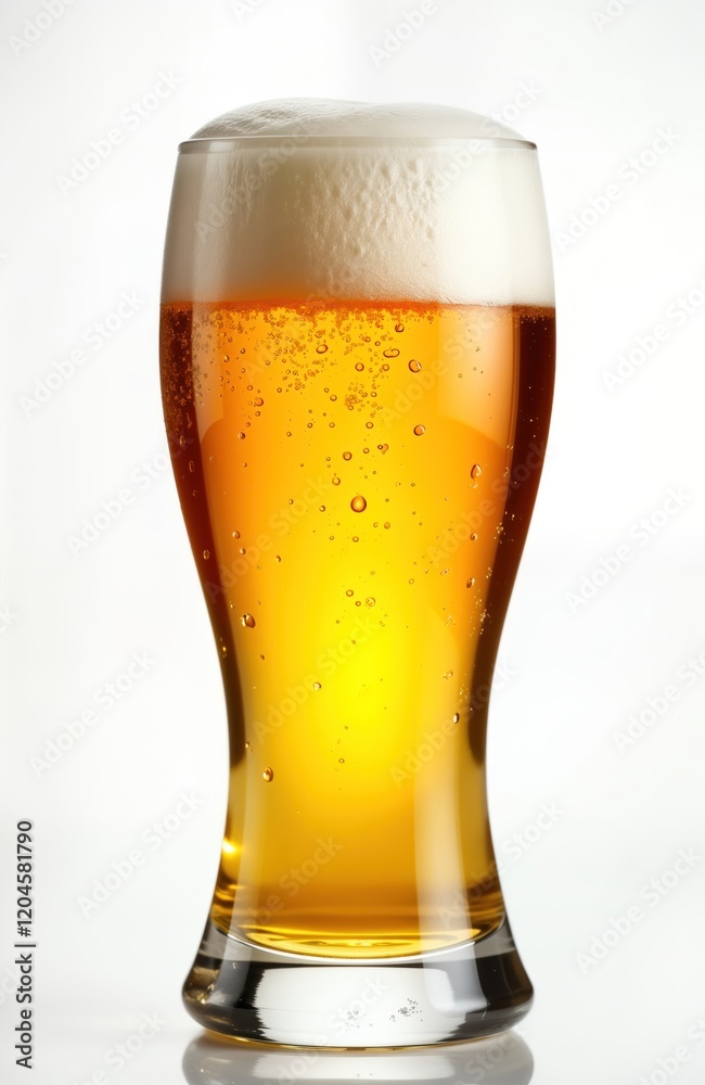 Full pint glass of fresh yellow beer. Frosty foam cap sits on top of liquid. Transparent glass. Isolated on white background. Perfect for drink. Ideal for beer drink products. Suitable for product Full pint glass of fresh yellow beer. Frosty foam cap sits on top of liquid. Transparent glass. Isolated on white background. Perfect for drink. Ideal for beer drink products. Suitable for product