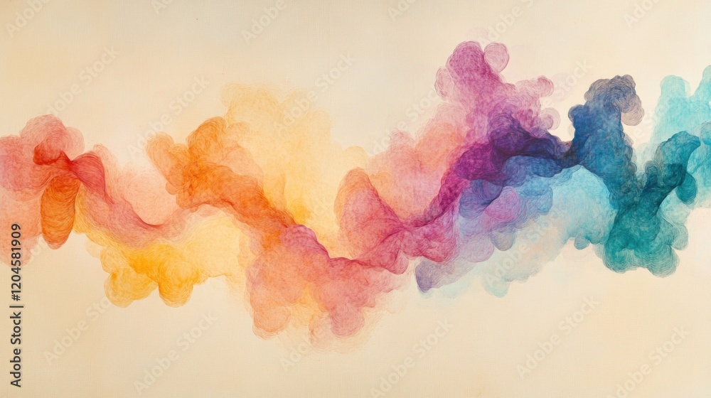 Fototapeta premium Abstract watercolor painting with flowing, colorful shapes in orange, yellow, red, purple, and blue hues on a beige background.