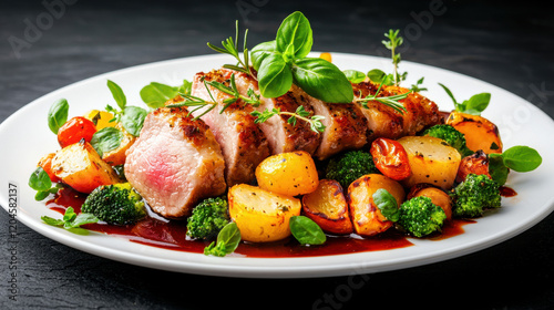 beautifully composed shot of herb crusted rack of lamb served with colorful roasted vegetables, including potatoes, broccoli, and cherry tomatoes, garnished with fresh herbs