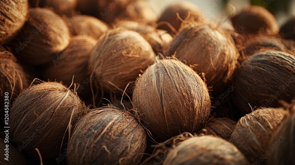 A pile of coconuts basking in warm sunlight, revealing textured husks. A pile of coconuts basking in warm sunlight, revealing textured husks.