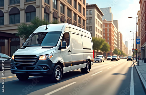 White cargo van moves fast on city street. Urban setting. Commercial vehicle. Transportation in progress. Busy city traffic. Sunny day. Modern delivery. Business concept. Empty space on van side.
