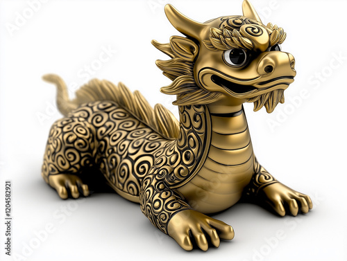 Golden dragon statue, intricately detailed, rests on white background.