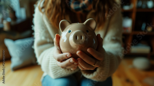 Single woman saving money. Person holding a piggy bank or coins. Financial security concept. Finance goals for young people in economic crisis, job loss, redundancy, housing shortage, stagflation