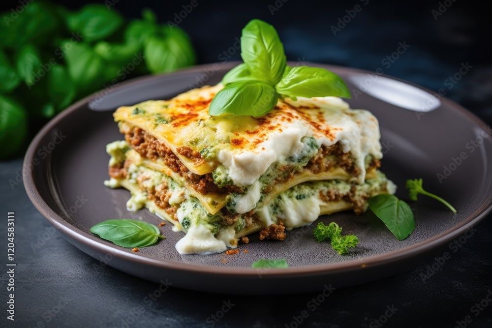 Homemade Italian lunch spinach lasagna with ragu bechamel and parmesan cheese served in a village dining atmosphere Homemade Italian lunch spinach lasagna with ragu bechamel and parmesan cheese served in a village dining atmosphere