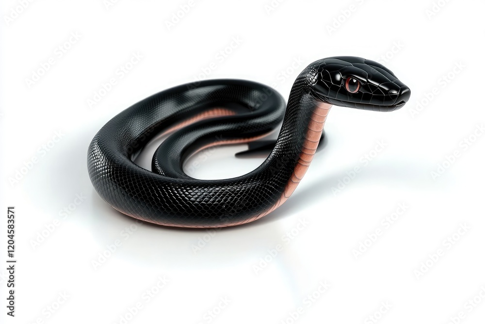 Obraz premium Realistic black snake coiled on a white surface, showcasing intricate details and textures