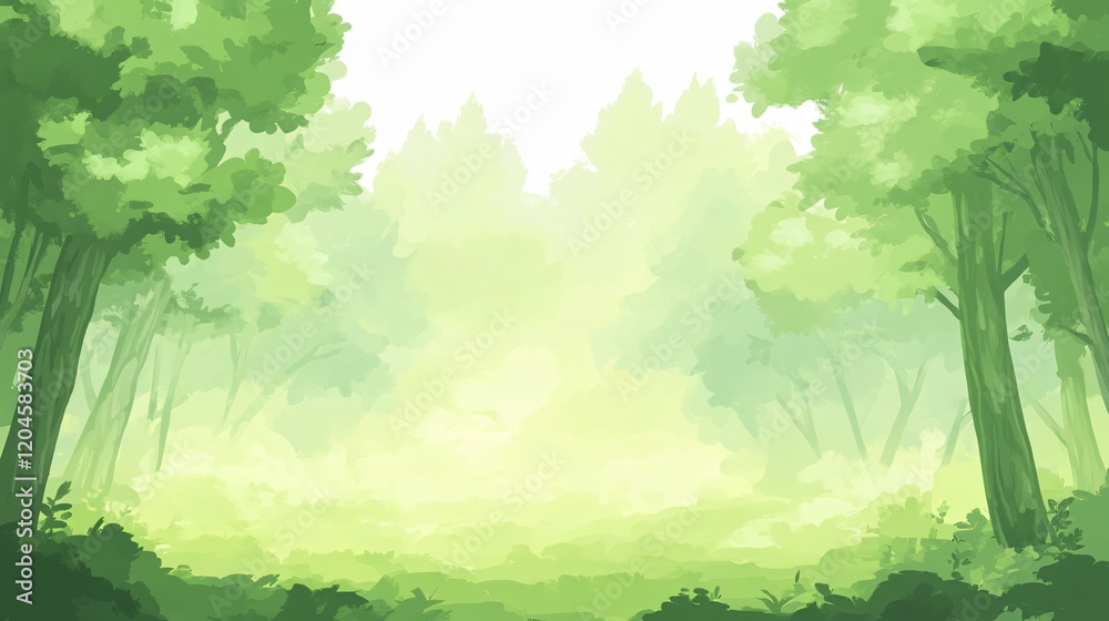Fototapeta premium Serene Green Forest Landscape, Misty Woodland Background Illustration