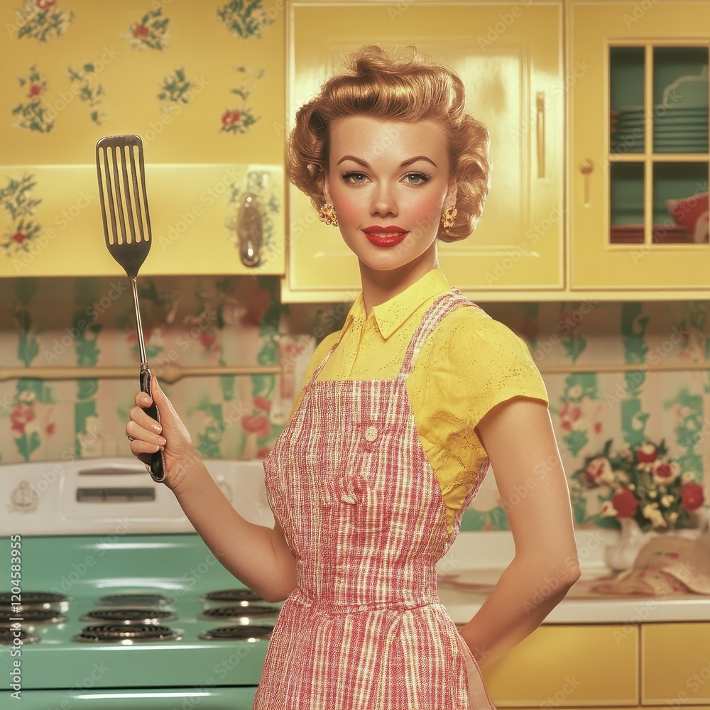 Woman With Spatula Standing In Kitchen Wearing Apron And Yellow Blouse In Retro Style