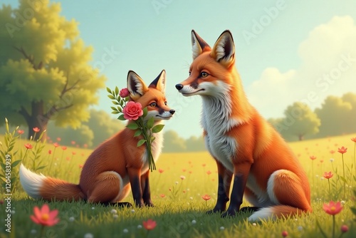 Two adorable foxes in a vibrant meadow with flowers and trees, showcasing friendship.