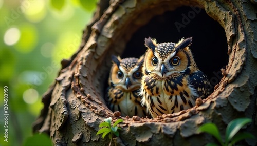 Two adorable owls peeking out from their cozy nest in a lush, green forest.