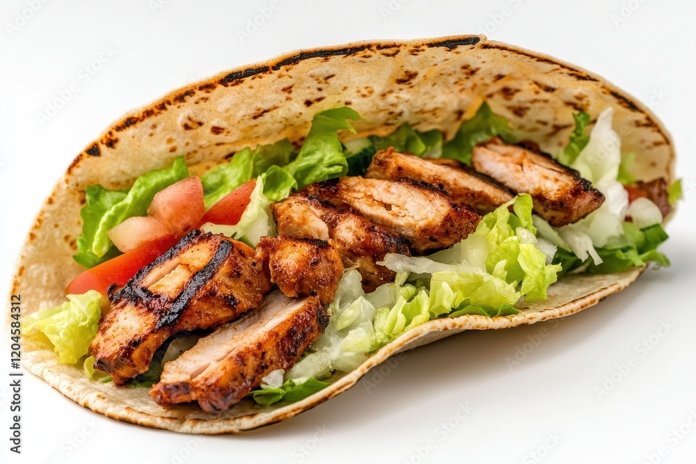 Delicious Grilled Chicken Taco with Fresh Greens and Tomato Wrapped in Soft Tortilla Perfect for Food Photography and Culinary Presentations Delicious Grilled Chicken Taco with Fresh Greens and Tomato Wrapped in Soft Tortilla Perfect for Food Photography and Culinary Presentations
