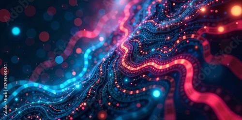 Vibrant abstract digital waves with glowing particles in blue and red hues.