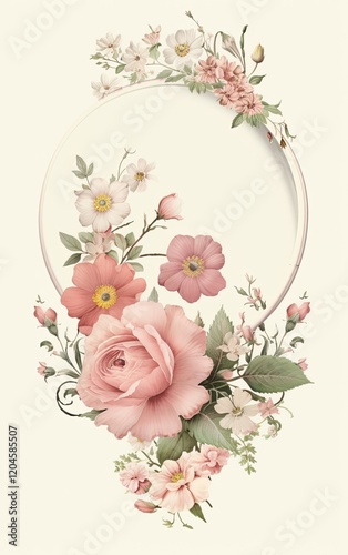 Oval Frame with Pink Roses and Delicate Flowers Botanical Illustration