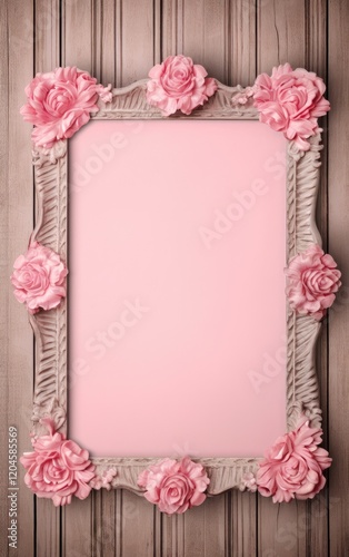 Pink Rose Decorated Frame with Pastel Background on Wooden Wall