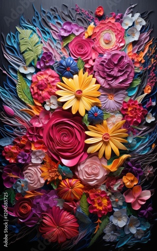 Vibrant 3D Floral Bouquet Paper Art with Bold Colors and Layered Petals