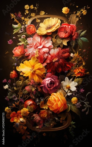 Vibrant Autumn Floral Bouquet Painting in Rich Golden Frame