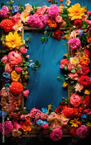 Vibrant Floral Arrangement in Ornate Frame on Blue Background, Still Life Photography