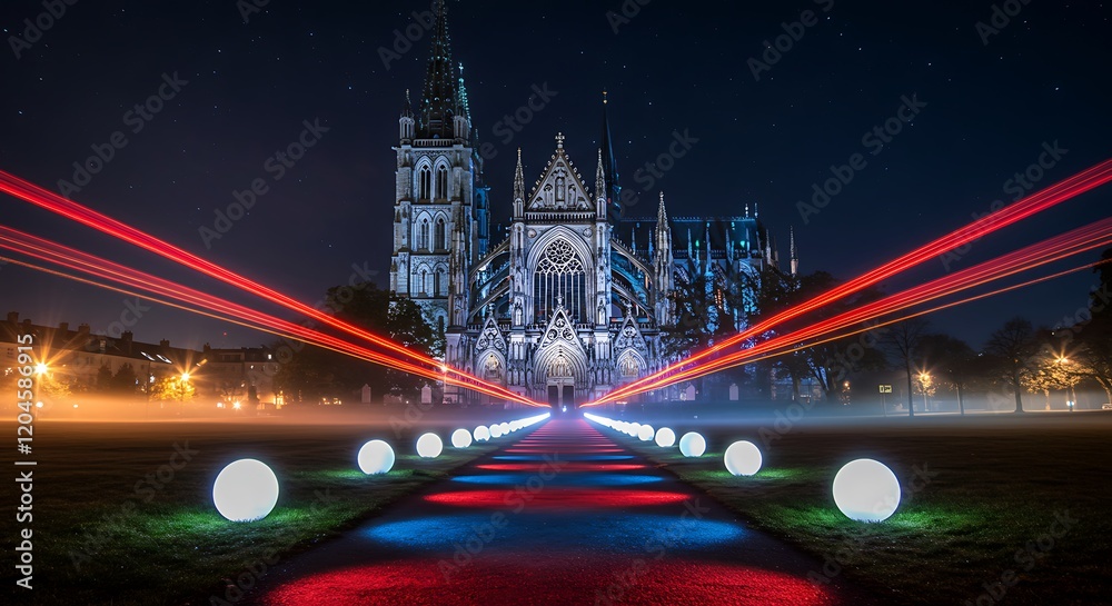 Fototapeta premium Vibrant illuminated Gothic cathedral facade with dynamic red light trails and glowing orbs, concept for travel promotion, cultural event and architectural showcase