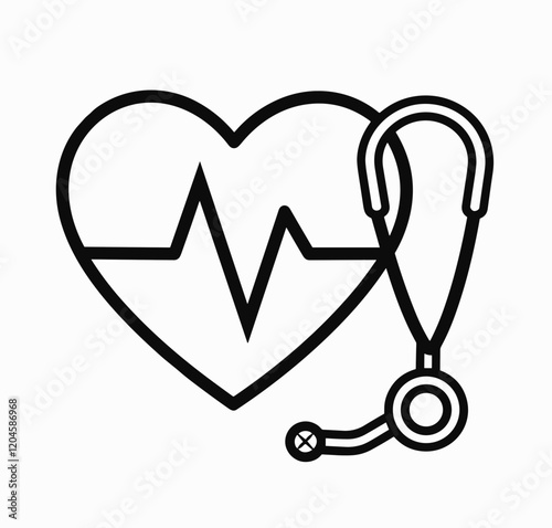 Minimalist Medical Line Drawing of Heart and Stethoscope in Black and White