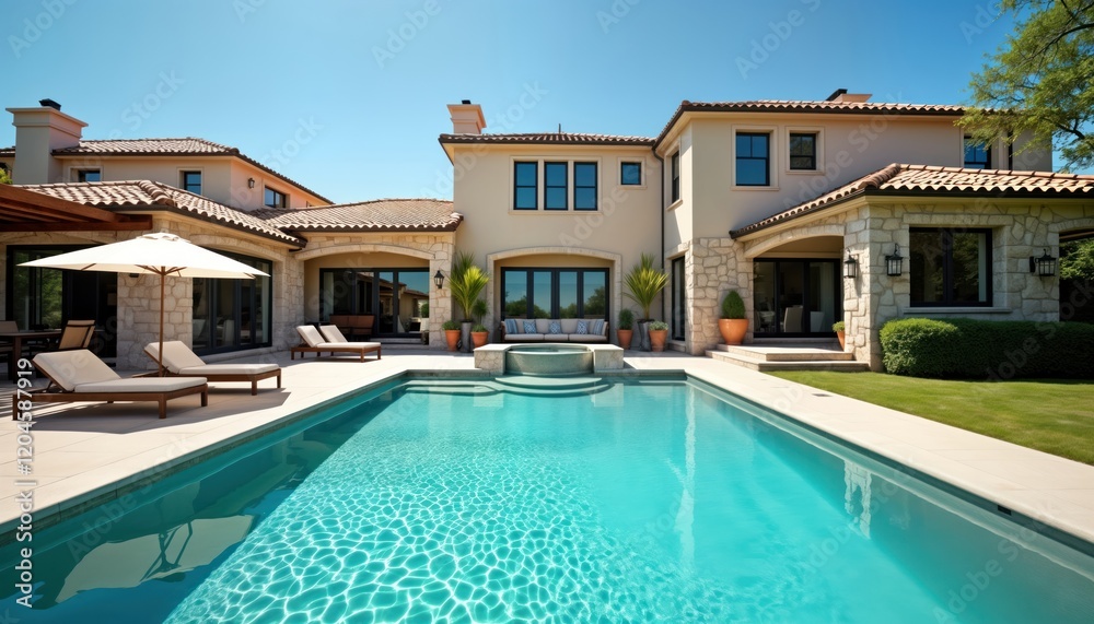 Large luxury home features outdoor pool, backyard. Sunny day with blue sky. Relaxing patio area with comfortable lounge chairs. Elegant architecture, landscaping. Perfect for real estate, vacation