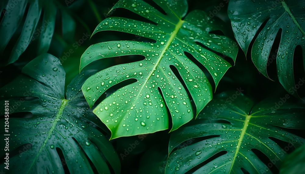 Fototapeta premium Vibrant green monstera leaves covered in water droplets, radiating a refreshing and tropical ambiance, symbolizing nature's beauty, serenity, and purity