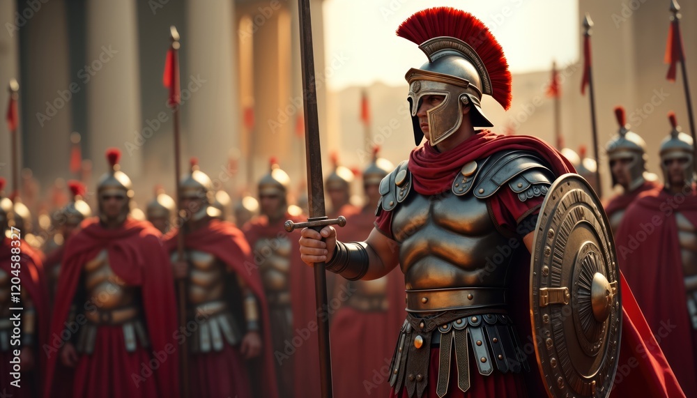 Obraz premium Roman centurion leads legionnaires. Ancient soldiers march in formation. Historical reenactment. Military parade battle preparation. Armor, weaponry displayed. Ancient Roman empire. Focus on