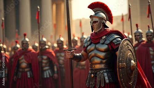 Roman centurion leads legionnaires. Ancient soldiers march in formation. Historical reenactment. Military parade battle preparation. Armor, weaponry displayed. Ancient Roman empire. Focus on