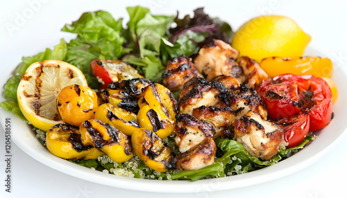 Grilled chicken, quinoa, and veggies on white plate. photo