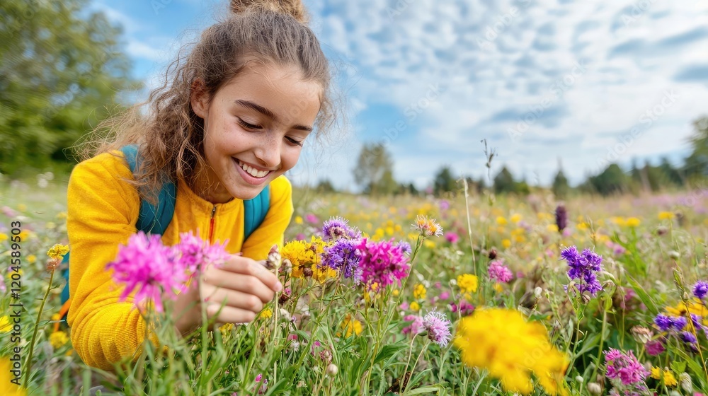 Girl examining wildflowers in mountain meadow, sunny day Girl examining wildflowers in mountain meadow, sunny day