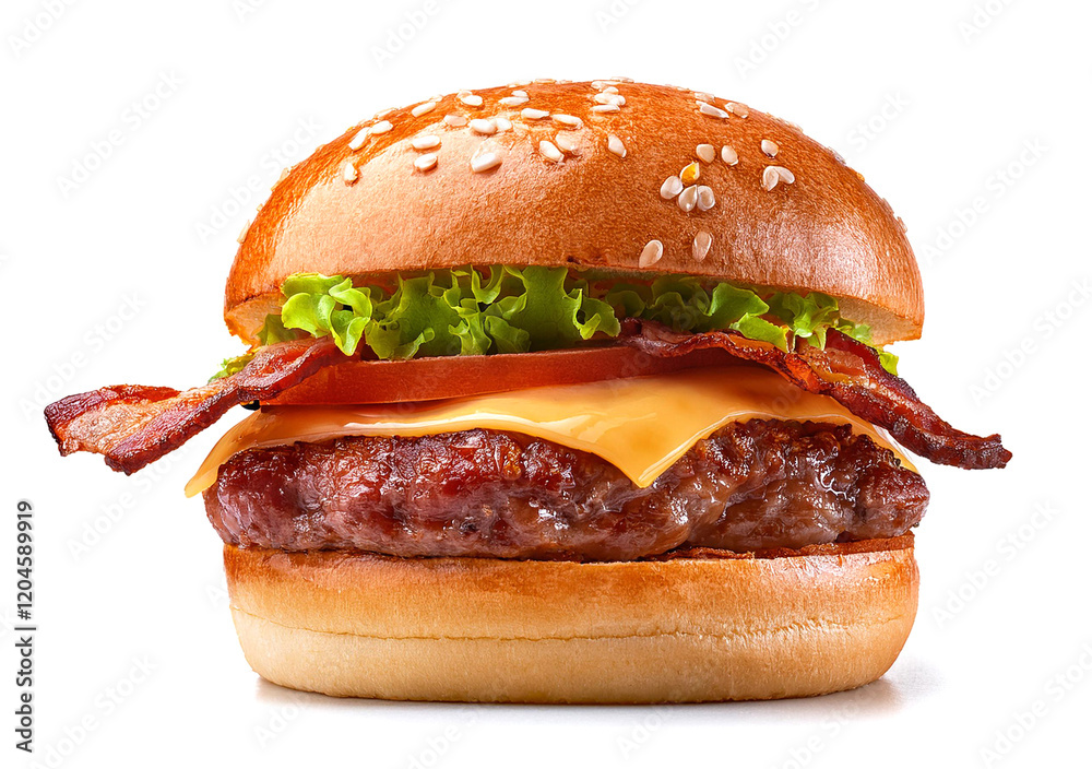 ベーコンとビーフのハンバーガー。白背景。(Bacon burger with beef patty on white background)
ベーコンとビーフのハンバーガー。白背景。(Bacon burger with beef patty on white background)
