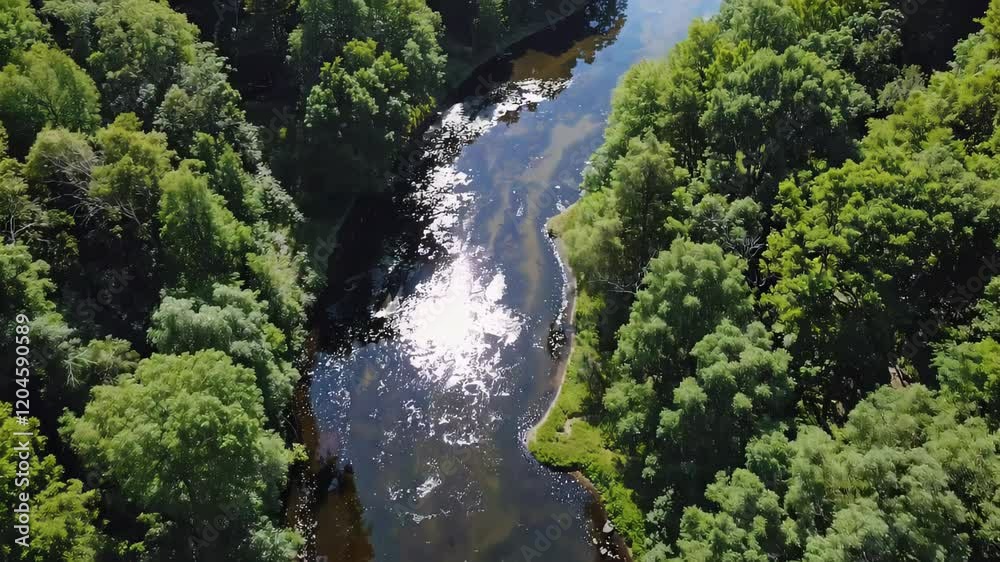 A winding river surrounded by a green forest, filming from a drone along the water, concept: beautiful nature A winding river surrounded by a green forest, filming from a drone along the water, concept: beautiful nature