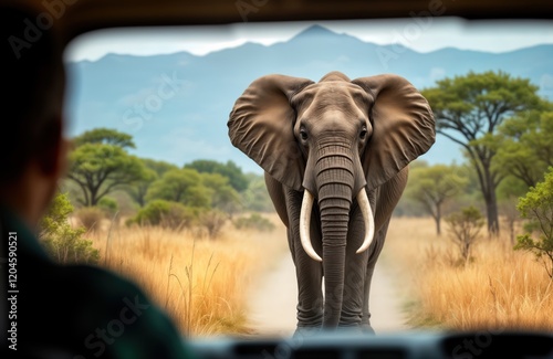 Huge elephant stands in African savanna path. Slowly approaches safari car. Travelers inside vehicle witness wildlife encounter. Natural environment includes tall trees, grassland. Adventure photo. photo