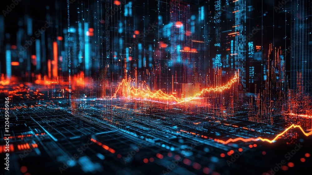 Fototapeta premium A futuristic digital landscape displaying vibrant data streams, illuminated in blue and orange, symbolizing technology and data flow.