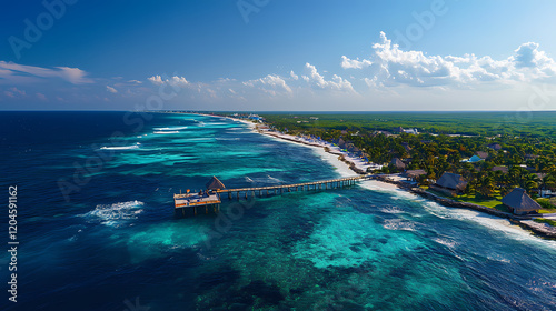 Drone photo costa maya pier, mahahual, mexico - caribbean panorama. Tropical Haven. Illustration