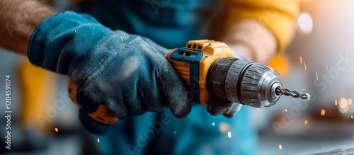 Close-up of a construction worker using a cordless drill