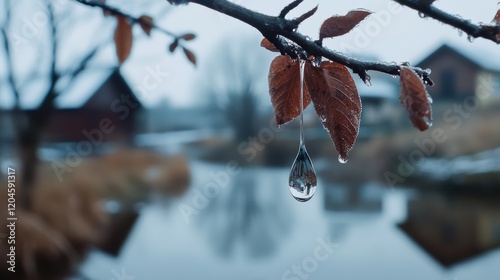 A water droplet delicately clings to a twig in a serene, reflective landscape, capturing a moment of natural beauty and tranquility. photo