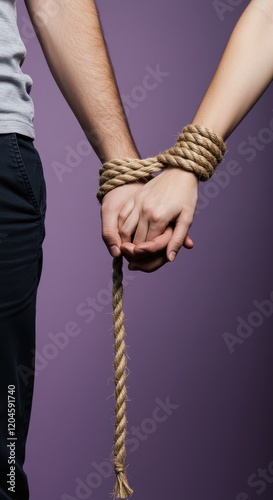 A man and a woman hold hands tied with a rope, symbolizing the entanglement and pain of codependent relationships