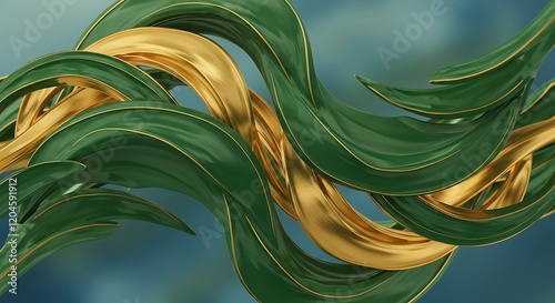 Luxurious 3D abstract design.  Green and gold flowing curves and ribbons.  Smooth. photo