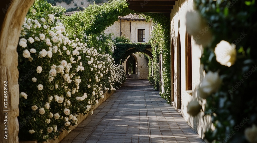 Fototapeta premium A picturesque alley lined with lush, blooming white flowers, under arches leading towards a distant, inviting doorway.
