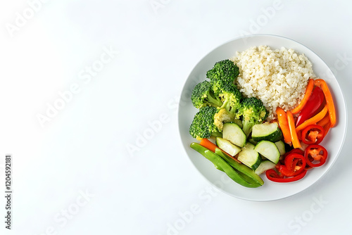 Healthy vegetable rice bowl, white background, studio shot, food photography. photo