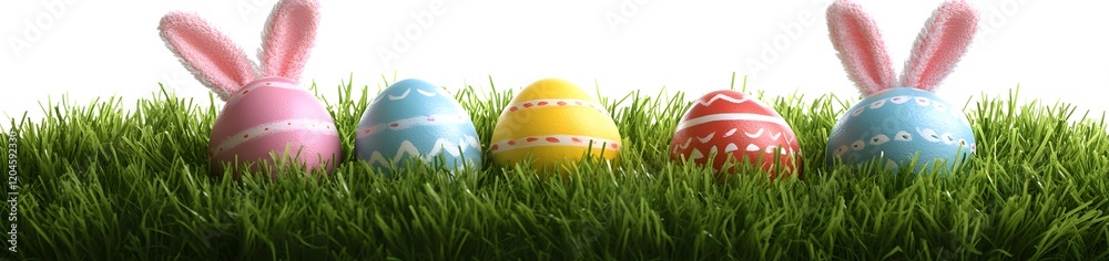 Fototapeta premium Easter Eggs Nestled In Green Grass With Bunny Ears