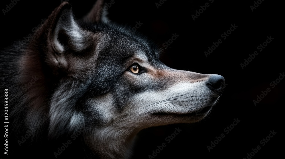 Obraz premium A wolf gazes intently into the distance, its fur illuminated subtly against a dark background, exuding a sense of mystery and wildness.