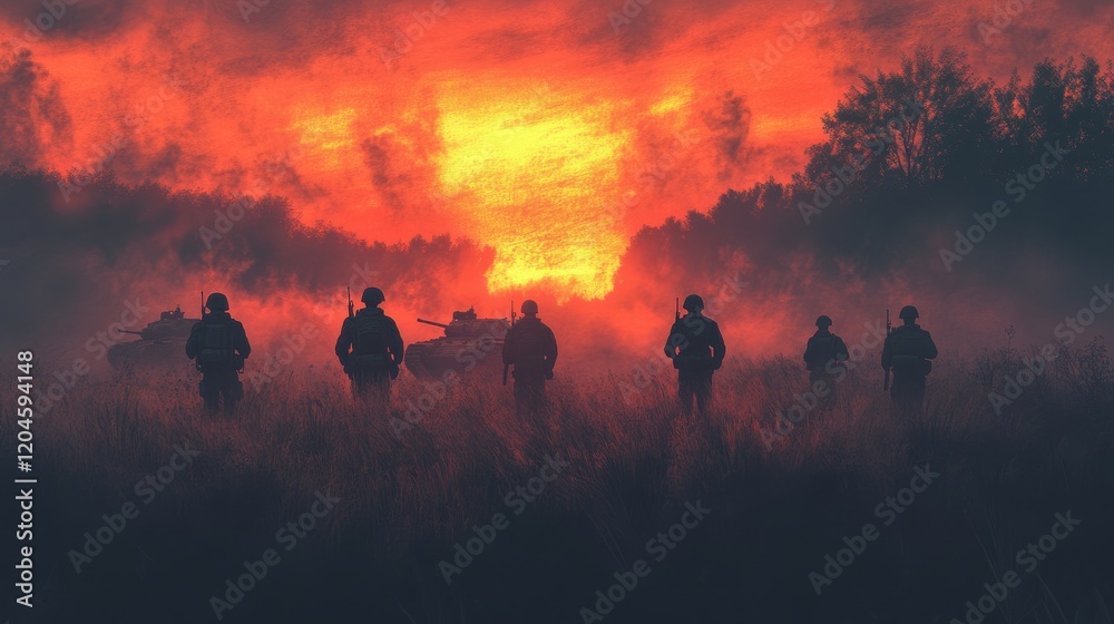 A war concept illustration capturing military figures in a fighting scene at sundown, amidst armored vehicles, set during World War, ideal for stock image use.