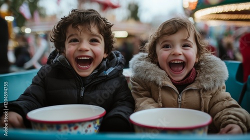 Two children burst into laughter on a ride, enveloped in warm, glowing lights and vibrant amusement, highlighting joyous youthful exuberance.