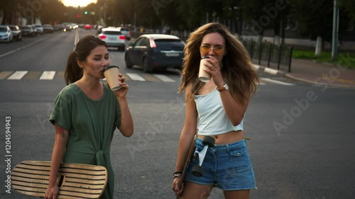 Two girlfriends-girls in the open air are standing on street and drinking coffee. Cute teenage friends with a skateboard on a sunny street laughing and drinking coffee. Lifestyle concept, friendship