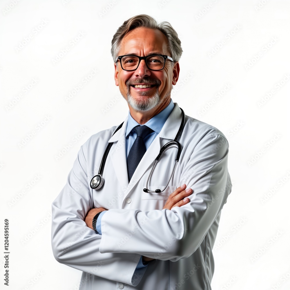 Confident middle-aged male doctor in white coat poses for portrait. Wears glasses, friendly smile. Arms crossed over chest. Looks pro, trustworthy. Photo ideal for medical advertisements healthcare Confident middle-aged male doctor in white coat poses for portrait. Wears glasses, friendly smile. Arms crossed over chest. Looks pro, trustworthy. Photo ideal for medical advertisements healthcare