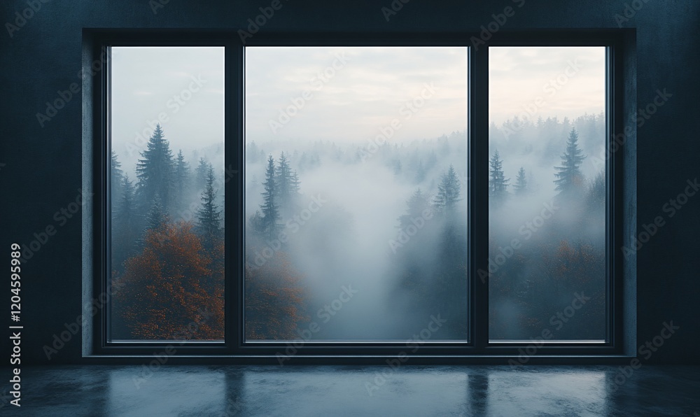 Foggy forest view from interior window Foggy forest view from interior window