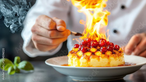 chef caramelizing dessert with torch, creating dramatic flame effect. dish features creamy base topped with vibrant red berries, showcasing culinary artistry photo