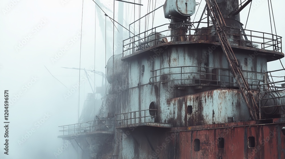 A battle-scarred battleship rises out of the mist, its cannons aimed at the distant, unexplored territory. A battle-scarred battleship rises out of the mist, its cannons aimed at the distant, unexplored territory.